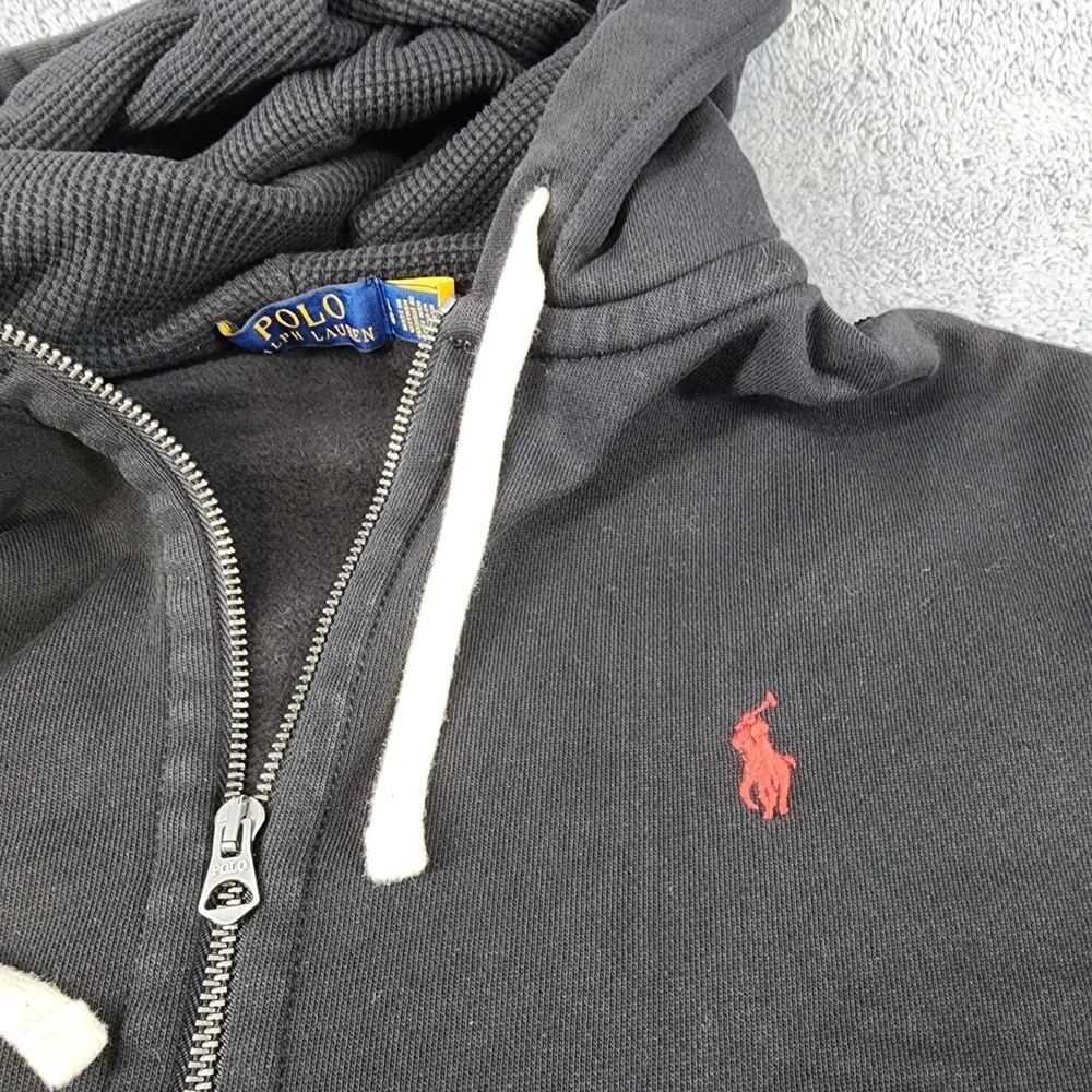 Polo Ralph Lauren Hoodie Mens L Black Thick Waffle Knit Fleece Pullover Zip Pony - Picture 2 of 10